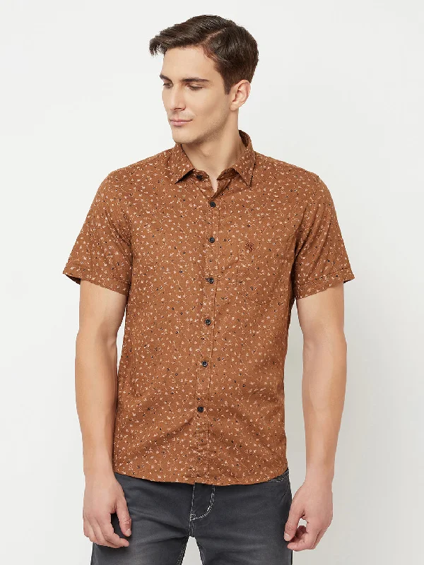 Cantabil Men Cotton Printed Brown Half Sleeve Casual Shirt for Men with Pocket