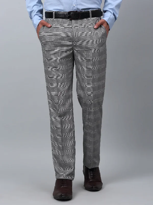 Cantabil Checkered Non Pleated Regular Fit Mid Rise Grey Formal Trousers for Men