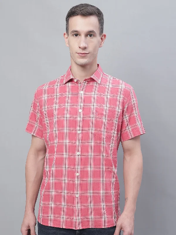 Cantabil Cotton Checkered Pink Half Sleeve Casual Shirt for Men with Pocket