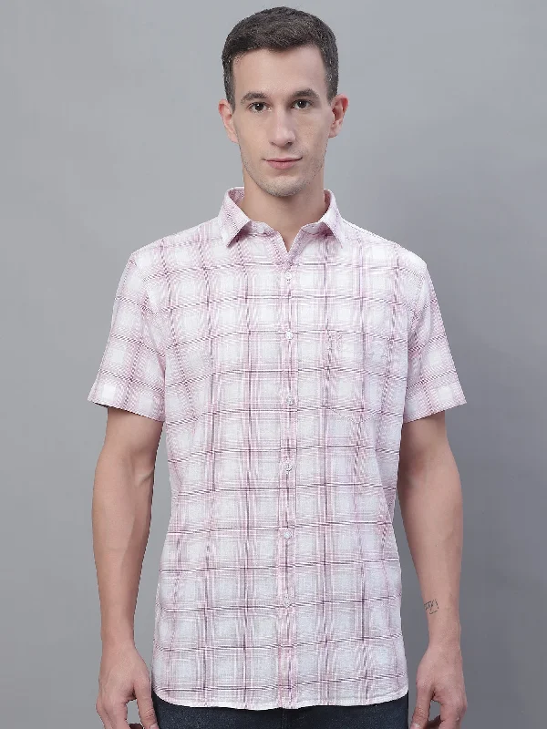 Cantabil Cotton Blend Checkered Purple Half Sleeve Casual Shirt for Men with Pocket