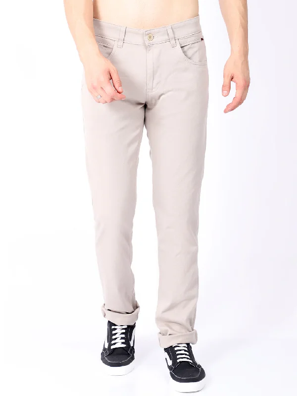 Cantabil Men Beige Cotton Blend Solid Regular Fit Casual Trouser