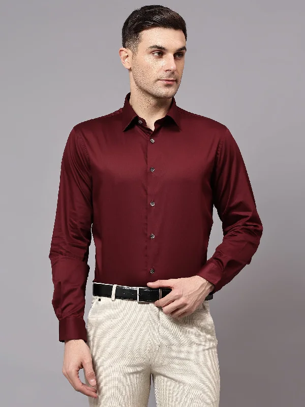 Cantabil Men's Maroon Solid Full Sleeve Party Wear Shirt