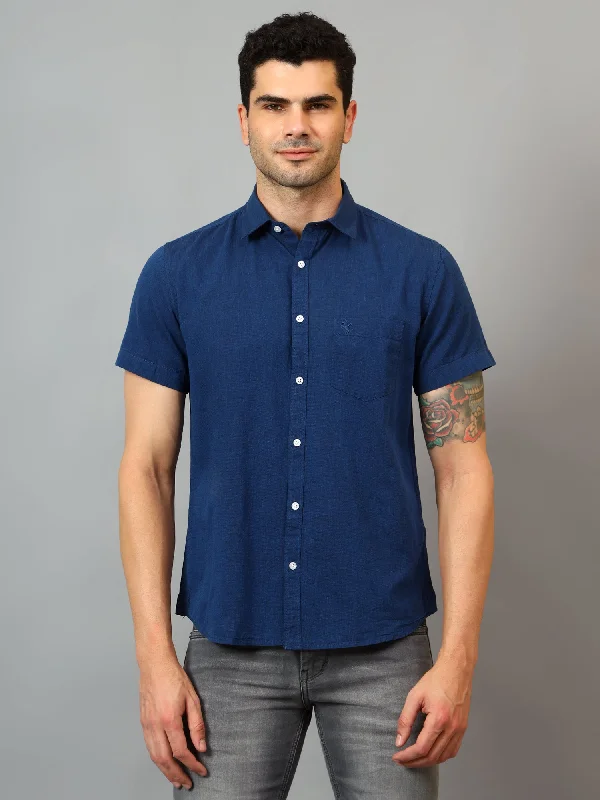 Cantabil Men's Navy Blue Solid Half Sleeves Casual Shirt