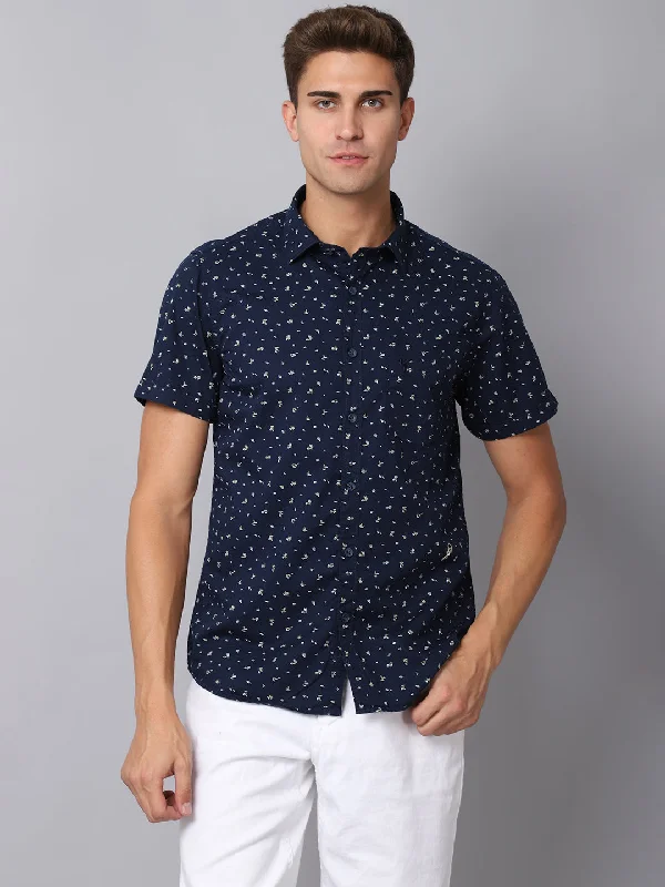 Cantabil Men Cotton Printed Navy Blue Half Sleeve Casual Shirt for Men with Pocket