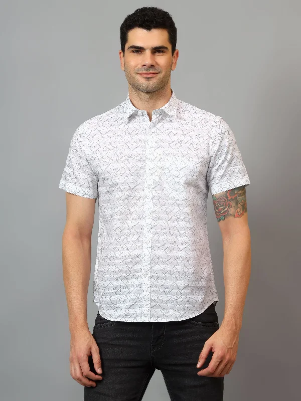 Cantabil Men's White Printed Half Sleeves Casual Shirt