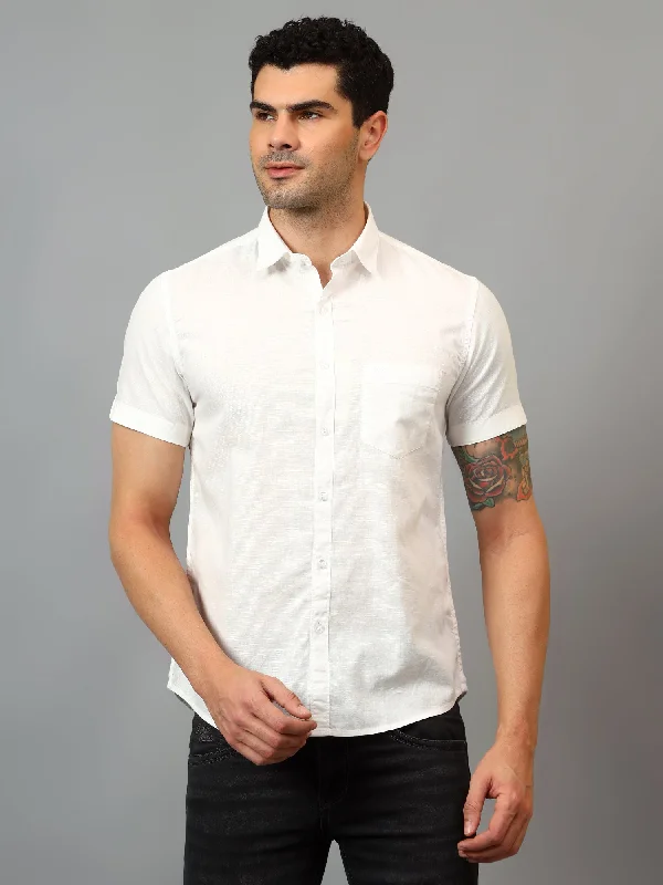 Cantabil Men's White Solid Half Sleeves Casual Shirt