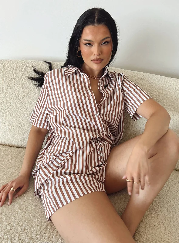 Chloe Short Sleeve Set Brown Stripe