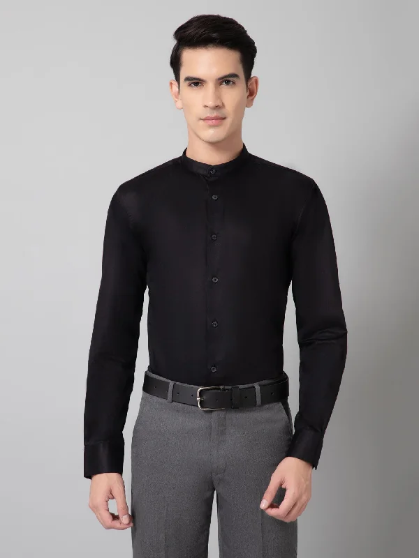 Cantabil Cotton Solid Full Sleeve Regular Fit Black Party Wear Shirt for Men with Pocket