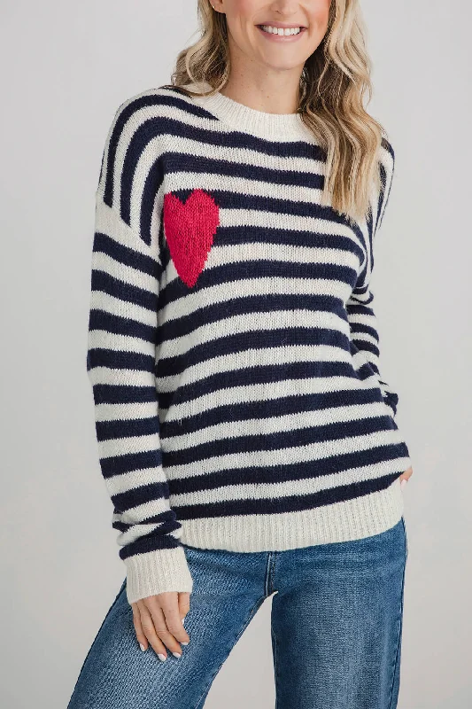 Cezele Heart Stripe Long Sleeve Sweater