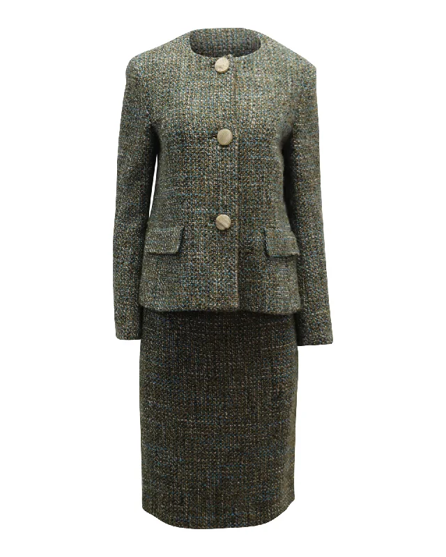 Max Mara Tweed Single Button Blazer and Straight Cut Skirt Set in Multicolor Wool