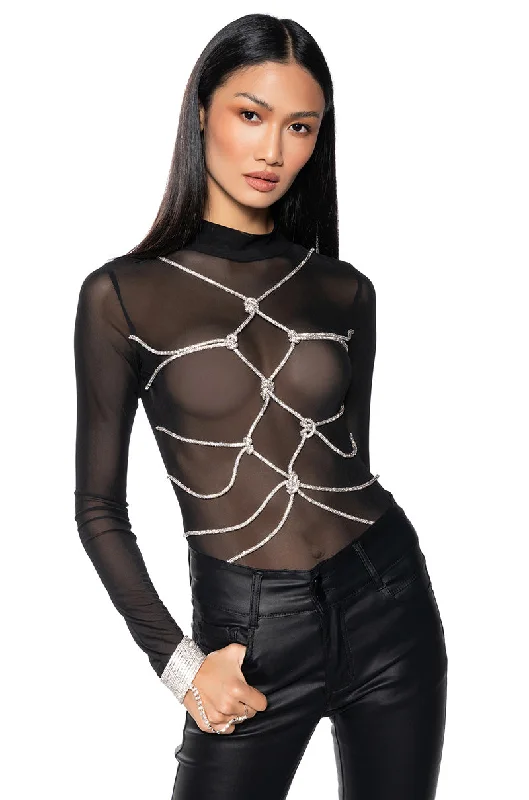 BOUT TIME RHINESTONE CHAIN LONG SLEEVE MOCK NECK MESH BODYSUIT